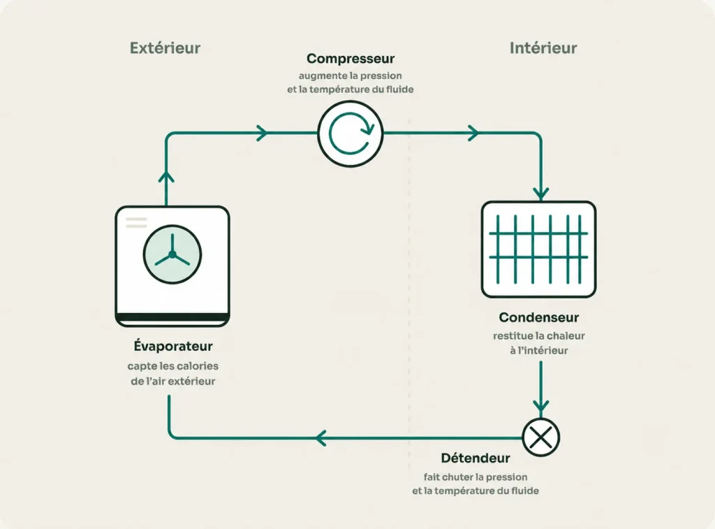 Schéma de fonctionnement d’une pompe à chaleur : évaporateur, compresseur, condenseur, détendeur