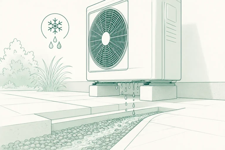 eau qui coule pompe à chaleur extérieure ; condensats PAC ; écoulement unité extérieure PAC ; évacuation condensats pompe à chaleur