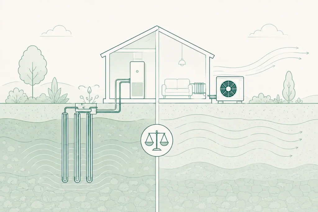 géothermie ou pompe à chaleur ; PAC géothermique vs air-eau ; choisir entre géothermie et pompe à chaleur ; comparatif géothermie PAC