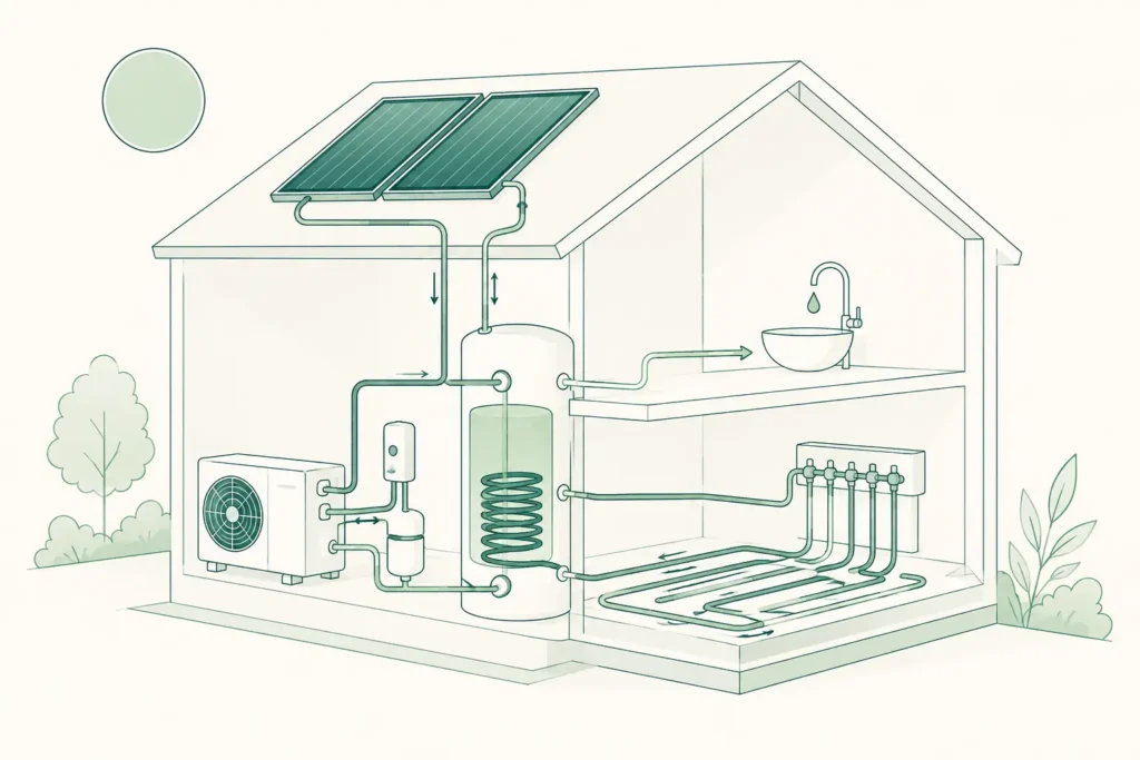 système solaire combiné pompe à chaleur ; SSC PAC ; couplage solaire thermique et pompe à chaleur ; PAC hybride solaire