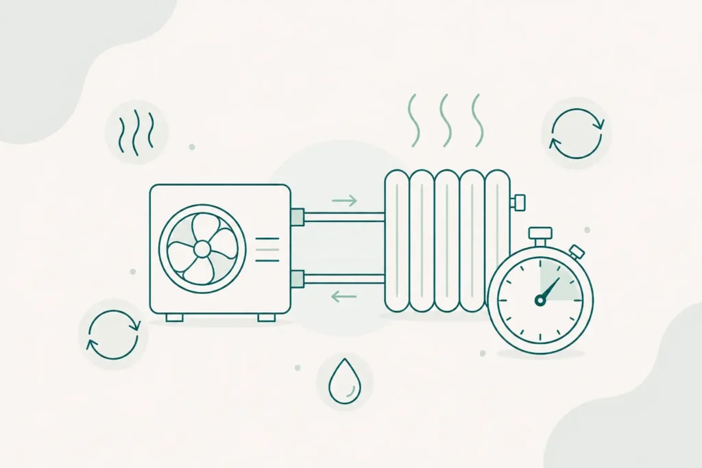 temps de chauffe pompe à chaleur air-eau ; délai montée en température PAC ; inertie chauffage PAC ; combien de temps pour chauffer avec une PAC