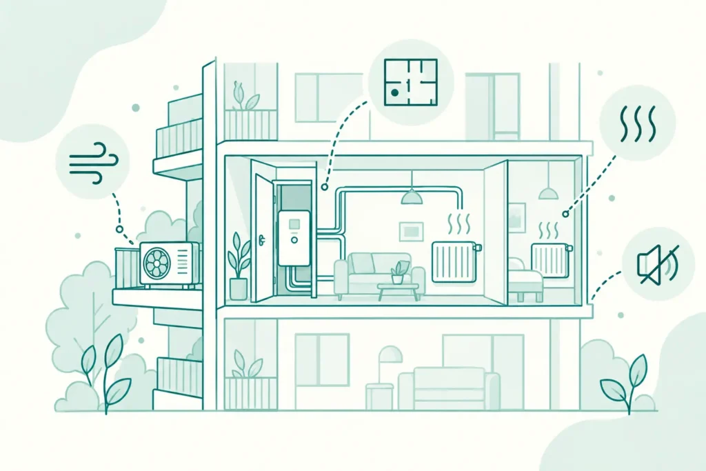 Pompe à chaleur installée en appartement avec balcon